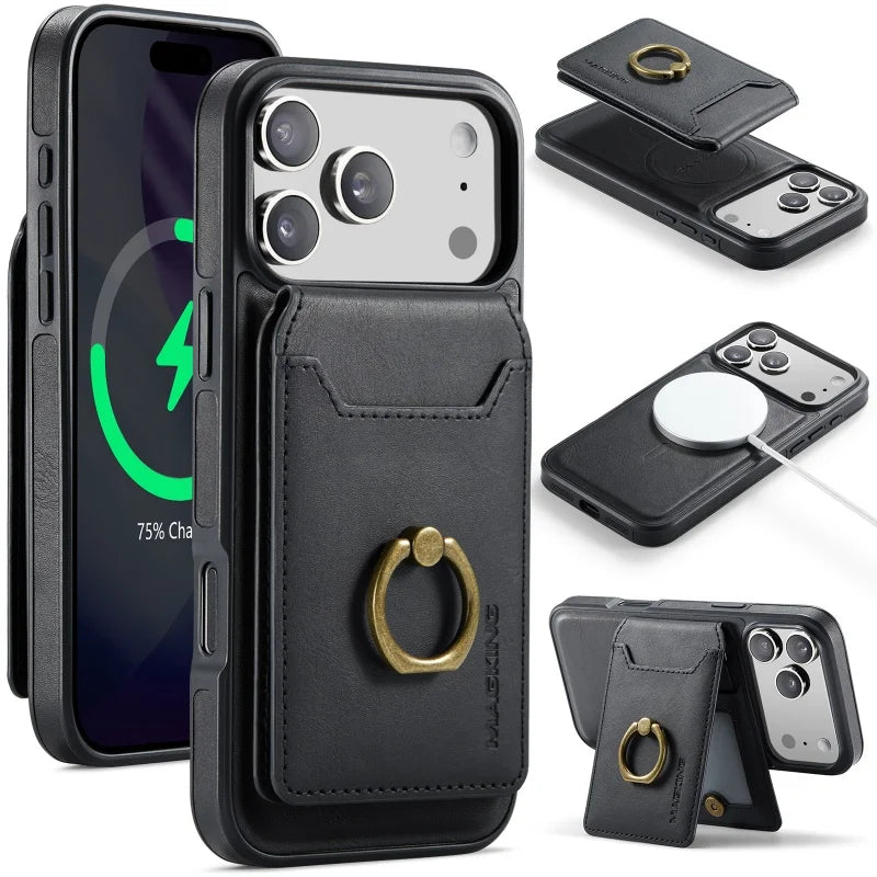 Ring Leather For Magsafe Wallet Phone Case for iPhone 17 Pro Max 17E 16 16E 15 Plus 14 13 12 Card Slots Holder Cover Hoesje Etui