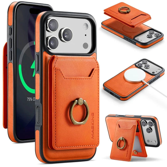 Ring Leather For Magsafe Wallet Phone Case for iPhone 17 Pro Max 17E 16 16E 15 Plus 14 13 12 Card Slots Holder Cover Hoesje Etui