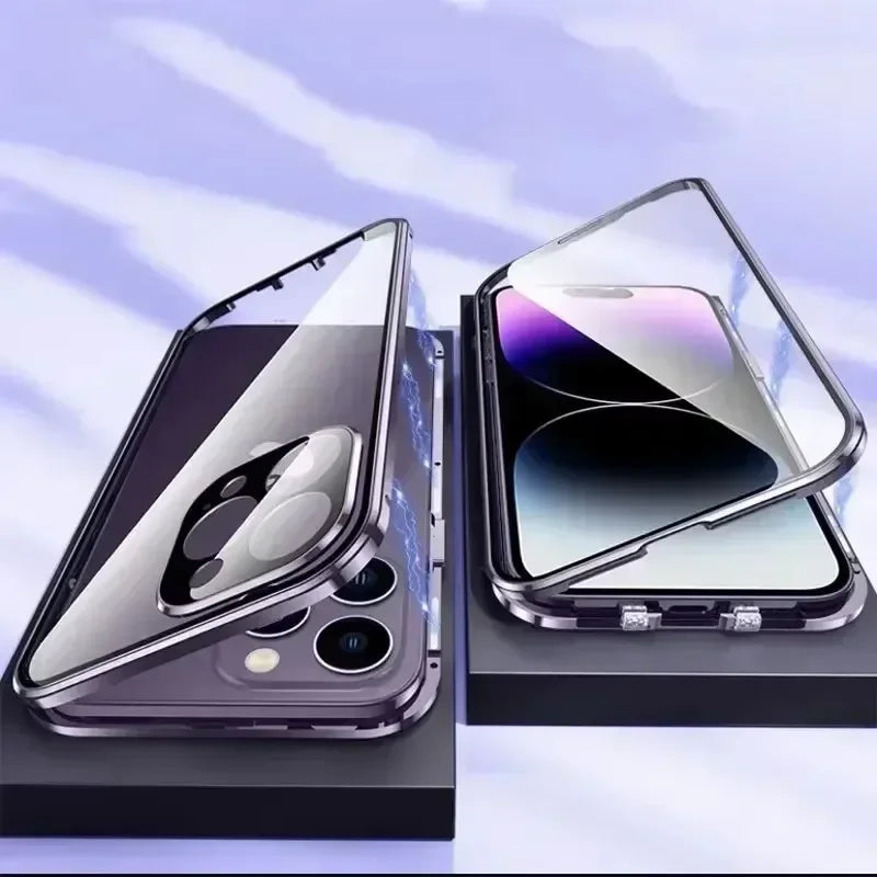 Metal Magnetic Double-Sided Buckle Glass Case For iPhone 16 15 14 13 12 Pro Max Plus 360° Full Cover Protection Shockproof Cover